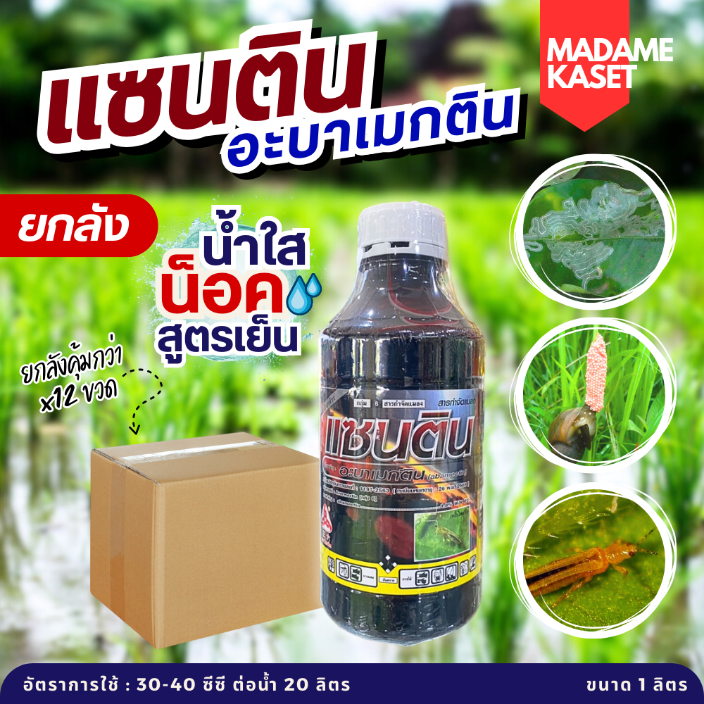 ยกลัง x12 ขวด | แซนติน (อะบาเมกติน 1.8%) หยดหอย หยดเพลี้ย สูตรเย็น กำจัดเพลี้ยไฟ หนอนชอนใบ หนอนห่อใบข้าว ( 1 ลิตร )