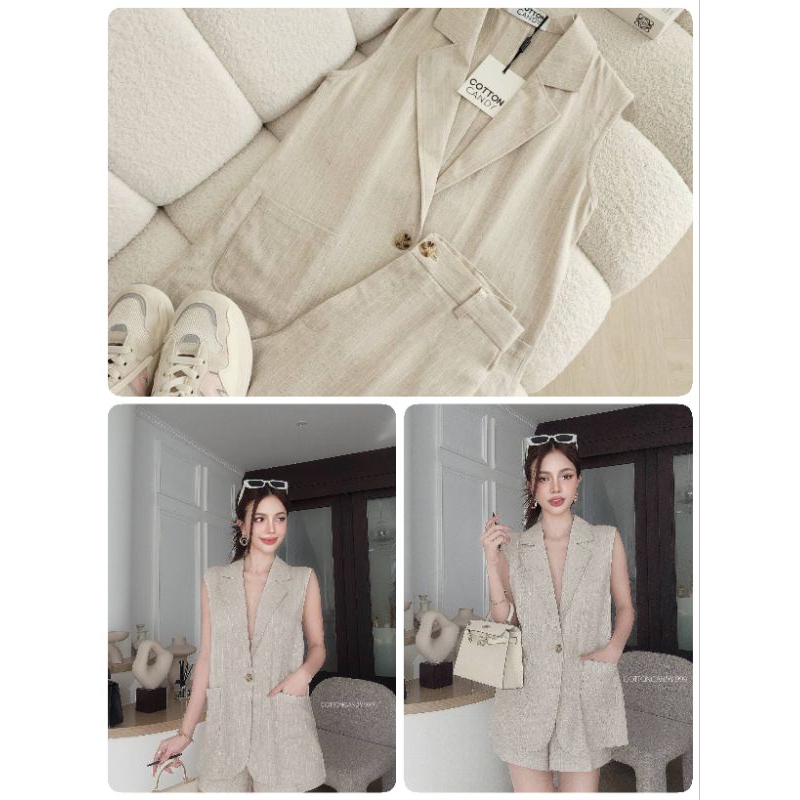 #COTTON CANDY เซทสไตล์วินเทจ ผ้าลินินทอลาย New Monaco linin vintage set