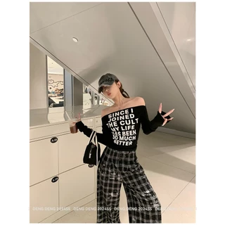 Rita พร้อมส่ง🎈เสื้อยืดปาดไหล่แขนยาว🎈เสื้อเซ็กซี่ผู้หญิง เสื้อรัดรูป แฟชั่น croptop แขนยาว พิมพ์ลายตัวอักษรY2K