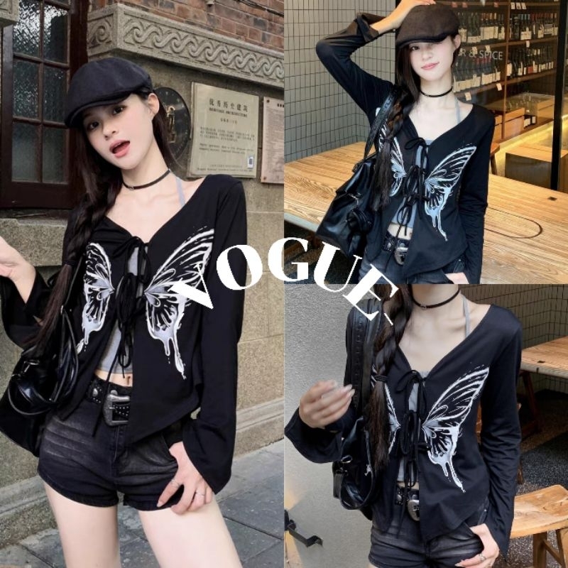Vogue พร้อมส่ง เสื้อคลุมไหมพรม ดีเทลผูกด้านหน้า ลายเท่ๆสามสี (11583)