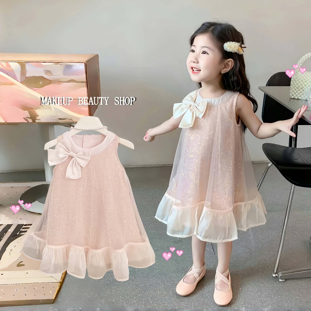 1-11ปี ชุดเดรสเด็กผู้หญิง เดรสแขนกุด ฟรุ้งฟริ้ง แต่งโบว์ น่ารักกก สไตล์เกาหลี แฟชั่นฤดูร้อน