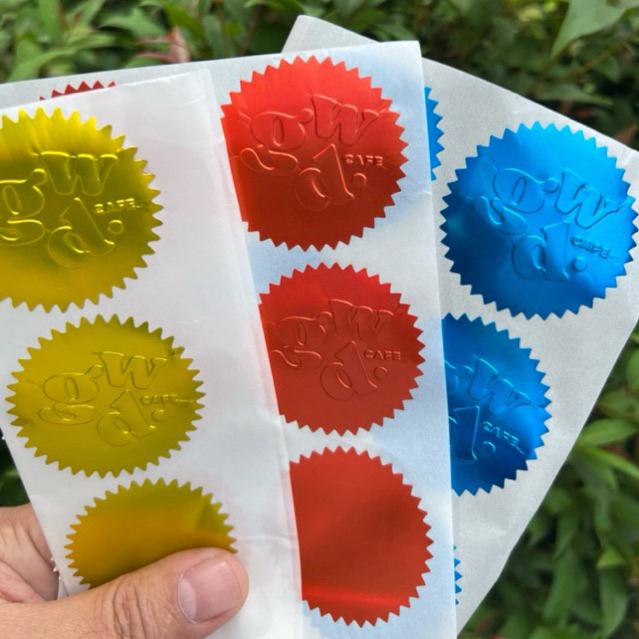 สติ๊กเกอร์ฟลอย์ สำหรับเครื่องปั้มนูน Embossing Seal ฟลอย์สีเงิน สีทอง สีแดง สีน้ำเงิน ขนาด 50 มม.