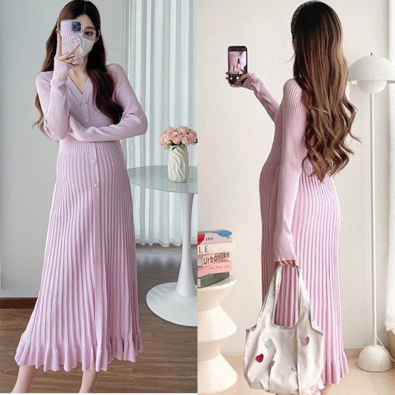 เดรสแฟชั่นเกาหลี เดรสไหมพรมยาว ชุดคลุมท้องแฟชั่น ชุดสาวอวบ ไม่ท้องก็ใส่ได้ ผ้ายืด ใส่สบาย พร้อมส่ง