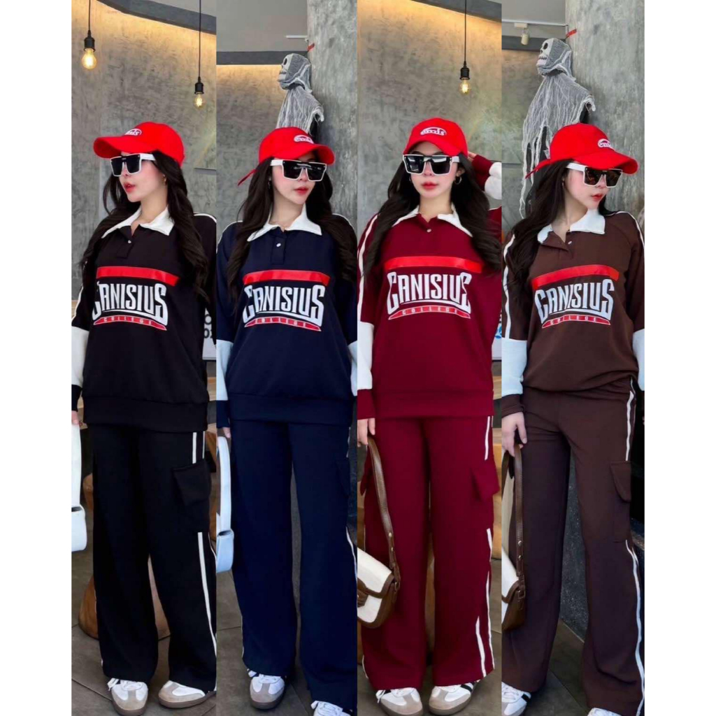 มาใหม่ล่าสุด เท่มากๆ JZ ชุดเซ็ต 2 ชิ้น ผ้าวูฟเวฟอย่างดี เสื้อทรงสเวตเตอร์แขนยาวคอปก แต่งแถบแขน สกีนลาย Canisius + กางเกง