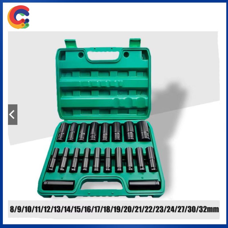 ชุดลูกบล็อกยาวสีดำ 1/2 นิ้ว 4 หุน ขนาด 8-32 มิล มี 10-20 ตัว/ชุด เหมาะประแจไฟฟ้าและลมซ่อมรถยนต์