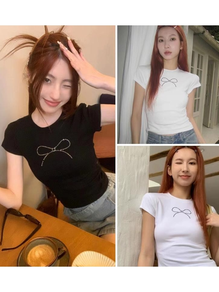 เสื้อยืดผู้หญิง เสื้อยืดสวยๆผู้หญิง เสื้อยืดครอป เสื้อยืดสั้นผูกโบว์สไตล์สาวฮอต เสื้อคอกลมแฟชั่นใหม่สำหรับฤดูร้อน