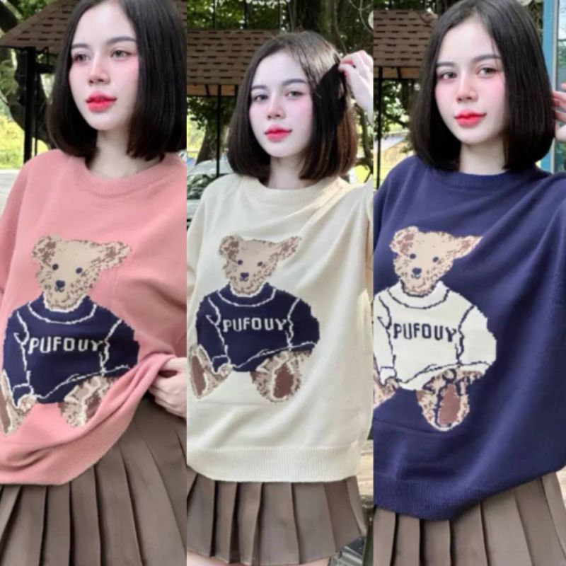 พร้อมส่ง เสื้อไหมพรมคอกลมแขนยาวทอลายน้องหมีสุดน่ารักงานตามหาไหมพรมเนื้อดีใส่สบายงานป้าย y.p.y