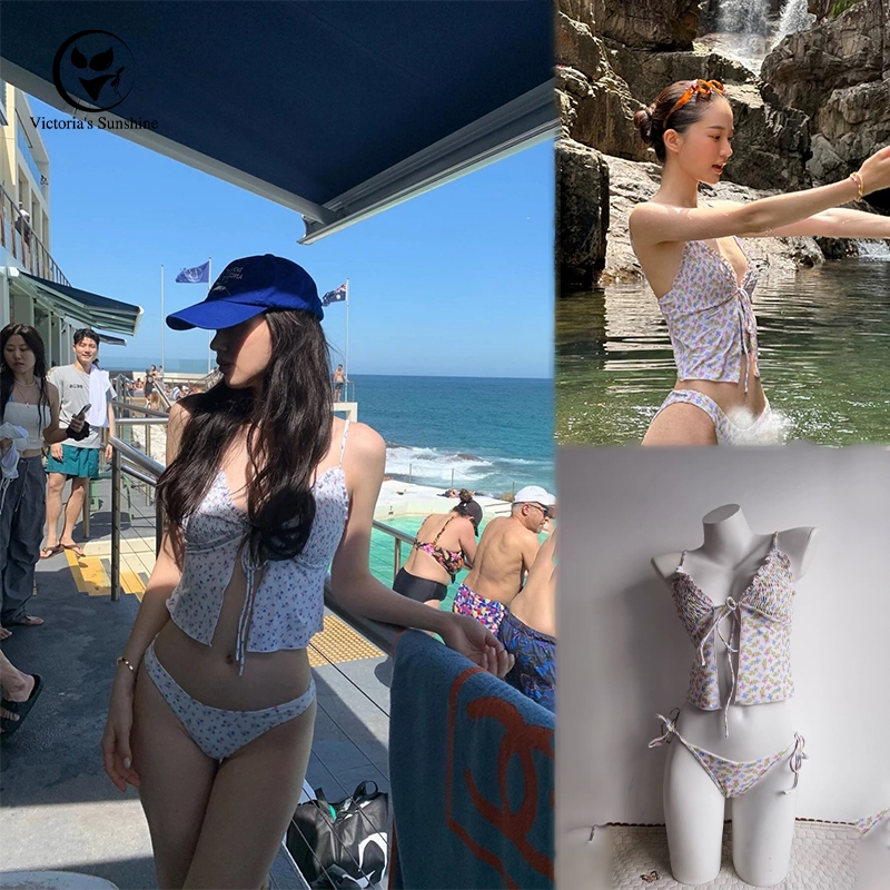 ส่งไวจากไทย ชุดบิกินี่ bikini set two piece Floral ผูกเอว ผ้าคุณภาพสูง#0493