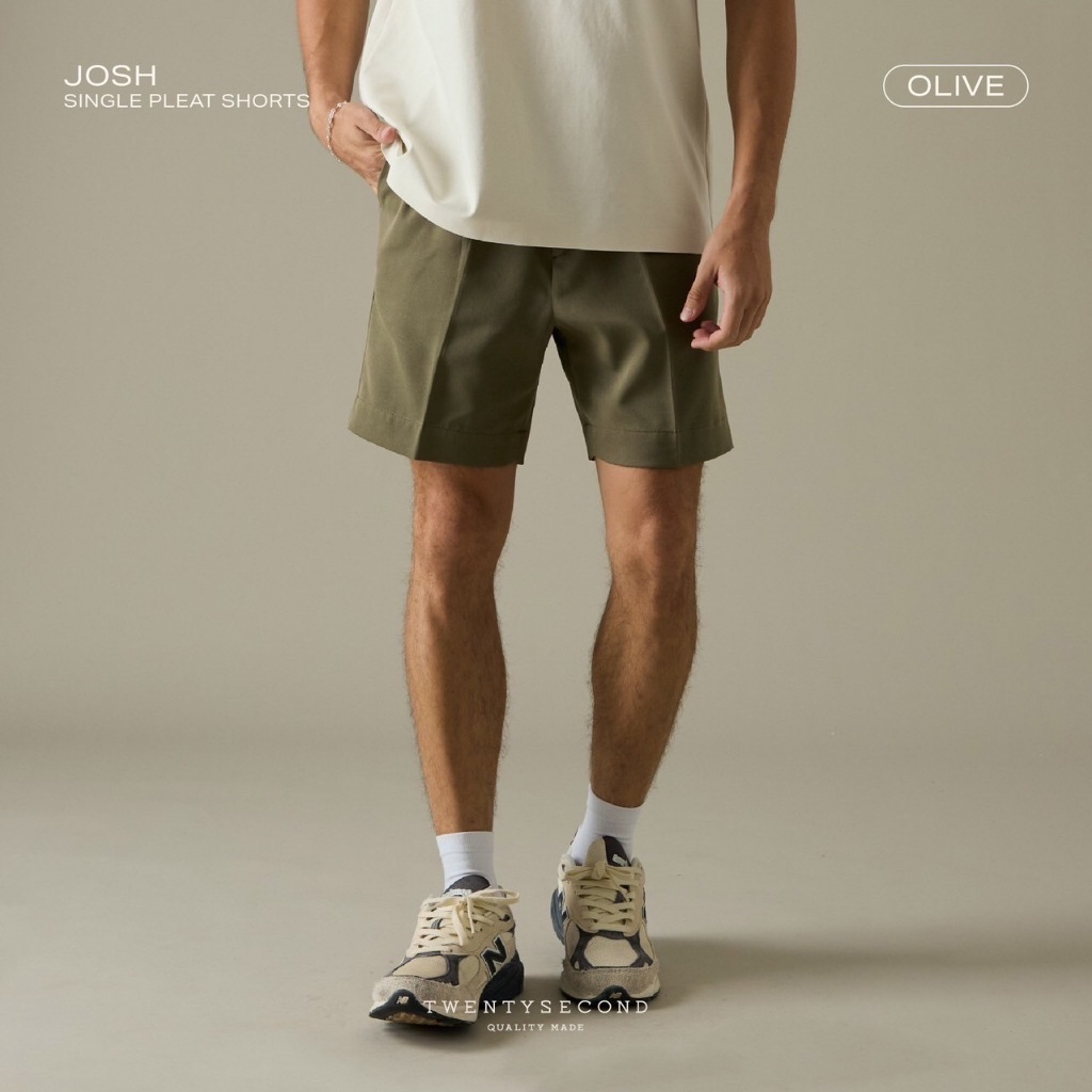 TWENTYSECOND กางเกงขาสั้น ผ้าคอตต้อน ทรงเอวสูง รุ่น Josh single pleat shorts - เขียว / Olive