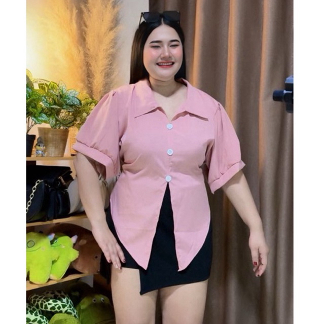#64(ส่งเร็ว)เสื้อครอปสั้นคอปกผูกโบว์เอวหลัง หน้าผ้า52นิ้ว เนื้อผ้าไหมอิตาลี ไซส์ใหญ่ แฟชั่นสาวอวบ Bigsize Women