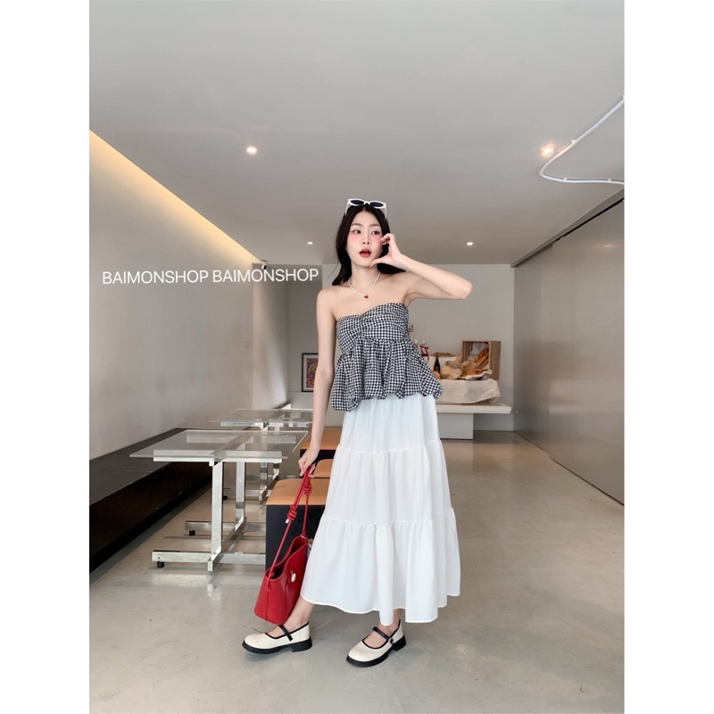 OVP  เสื้อเกาะอก จับจีบย่นอก ผ้าลายสก็อต งานฮิต