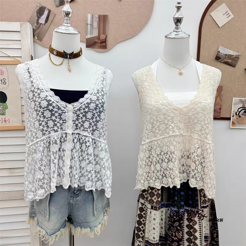 เสื้อกั๊กถักลูกไม้ซีทรู เสื้อคลุมลูกไม้งานปักทั้งตัว ชุดไปคาเฟ่