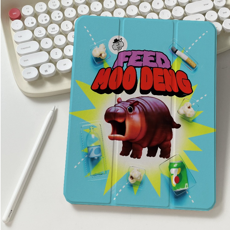 พร้อมส่ง เคสไอแพด Gen9 Feed Moo Deng Air5 เคสiPad Gen8 Air4 Case iPad มีที่เก็บปากกา 11pro 2024