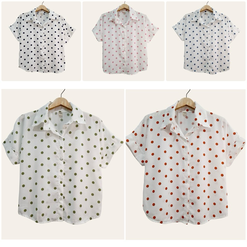 (อก 42”) เสื้อเชิ้ต เเขนสั้น ผ่าหน้า ลายจุดเล็ก ผ้าสลาฟ ใส่สบาย