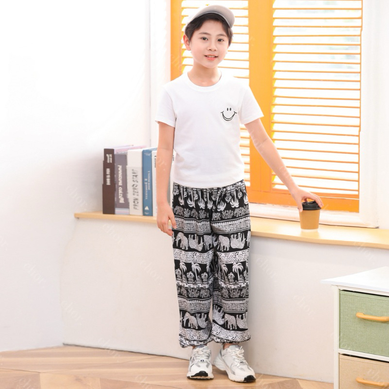 Chor kids 80-90#กางเกงขายาวขาจั๊มลายช้าง/ลายแมว ผ้าสปัน ผ้าเบาสบาย เย็นสวมใส่สบาย
