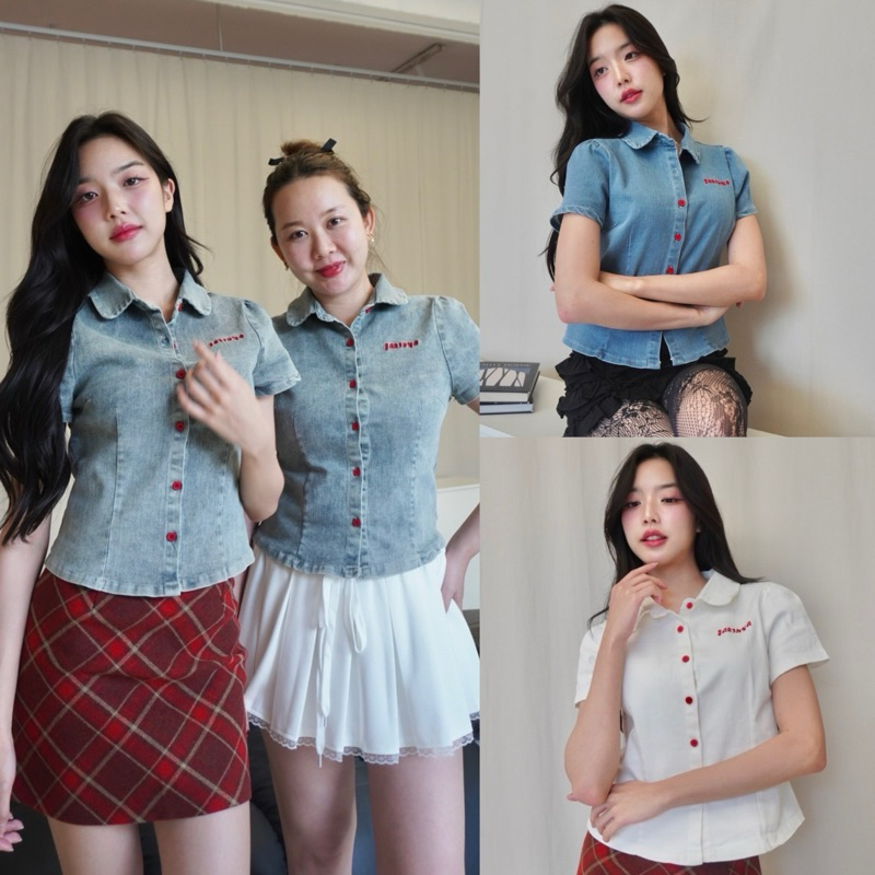 ‼️พร้อมส่ง เสื้อยีนส์กระดุมแดงป้ายjarinya เสื้อยีนส์ผ้ายืด แขนตุ๊กตา แต่งกระดุมแดง ปัก Jarinya