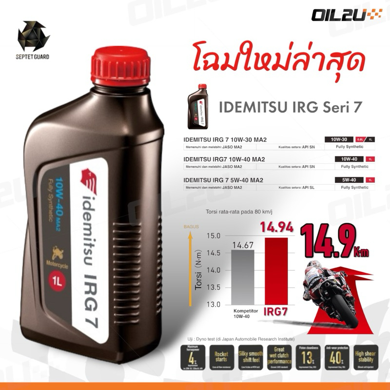โฉมใหม่ idemitsu IRG7 น้ำมันเครื่อง สังเคราะห์แท้ MA2 10W40 ปริมาณ 1 ลิตร