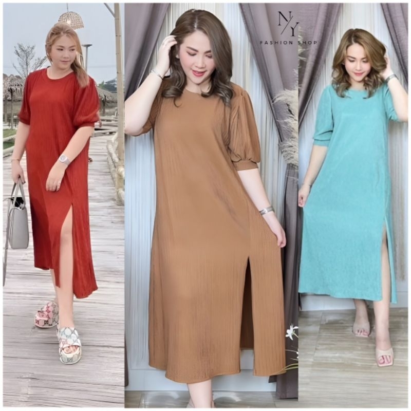 พร้อมส่ง.เดรสคอกลมผ่าข้างสาวอวบ แขนตุ๊กตาทรงสวย Free size:32 - 48 นิ้ว( หน้าผ้า 46 นิ้ว)ไม่เกิน 96 ก.ก ใส่ได้