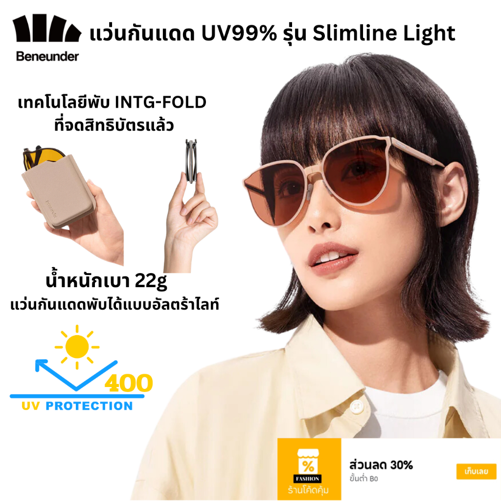 Beneunder แว่นกันแดดพับได้ น้ำหนักเบา 22กรัม บางเฉียบใส่สบาย UV ≥99% รุ่น Slimline Light