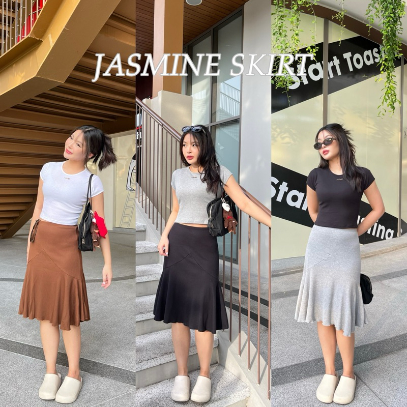 JASMINE SKIRT - กระโปรงดีเทลปลายระบาย ความยาวกลางๆ เนื้อผ้าร่อง (nita.bkk)