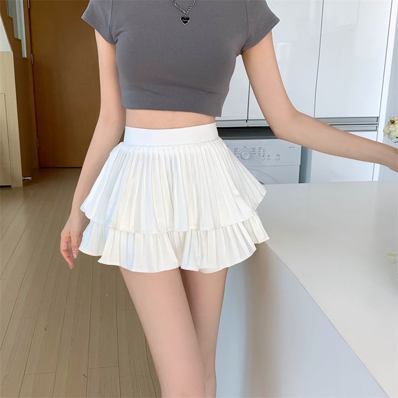 LameiStore แฟชั่นสาววัยรุ่น ทรงเอ กระโปรงสั้น กระโปรงเอวต่ำ เเบบ2ชั้น มีซับใน
