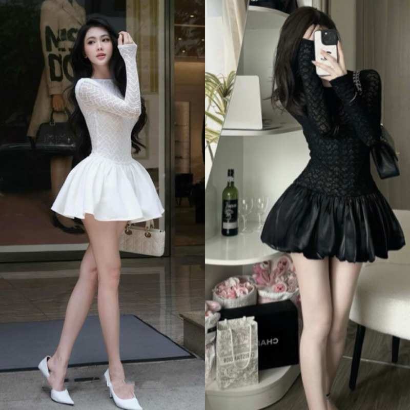 พร้อมส่ง เดรสสั้นแขนยาวลูกไม้ยืด มีกางเกงด้านใน