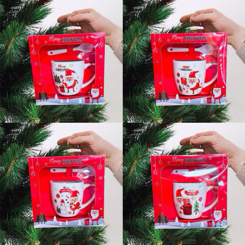 แก้วกาแฟ+ช้อน เซรามิกพร้อมกล่องของขวัญคริสมาสต์ ของขวัญ ปีใหม่ แก้วคู่