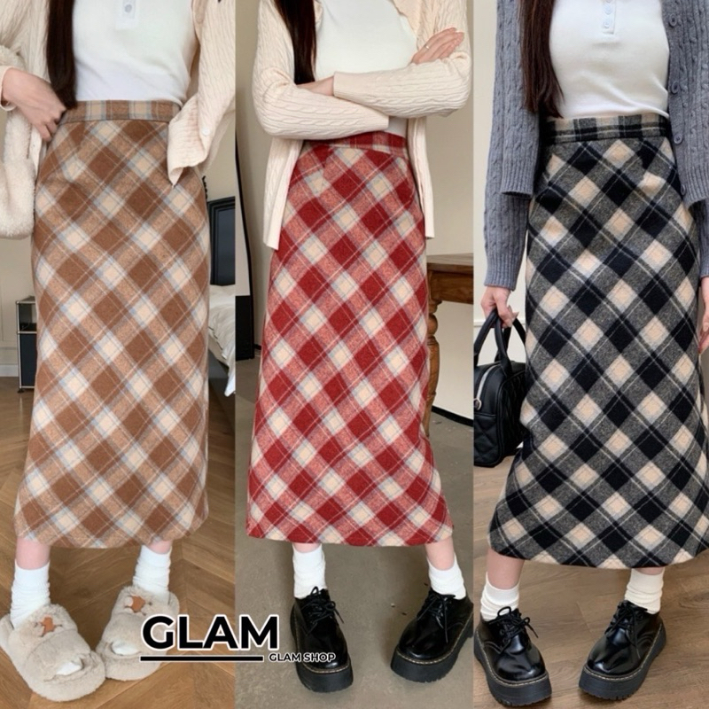ກະໂປງຍາວຜ້າ wool ລາຍກິງ/ສກອດ ມີຊັບໃນ ຊົງດິນສໍ (ເພີ່ມໄຊ +1)