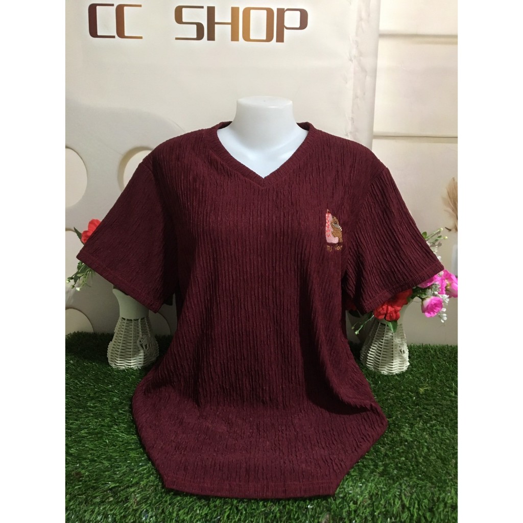 เสื้อแฟชั่นคอวีแขนสั้น ผ้าทอฟฟี่สีพื้น อก44-50นิ้ว สาวอวบใส่สวยมาก รุ่น2011-3