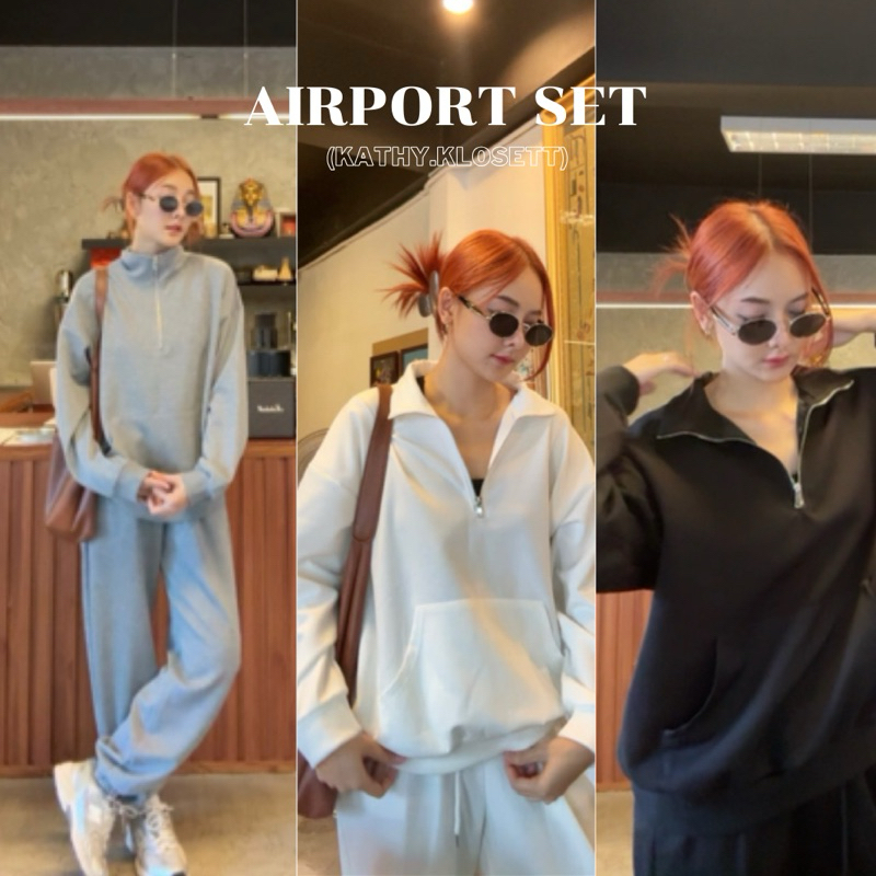 (AP01คอซิป)Airport set sweater - เซ็ตสเวทเตอร์ซิปหน้าแขนยาวขาจั้มUnisex