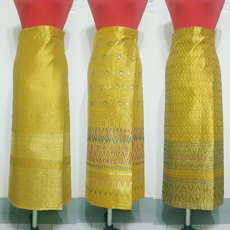 ผ้าถุงสำเร็จ อัดกาว ป้ายติดตะขอ ผ้าทอลาย สีทอง