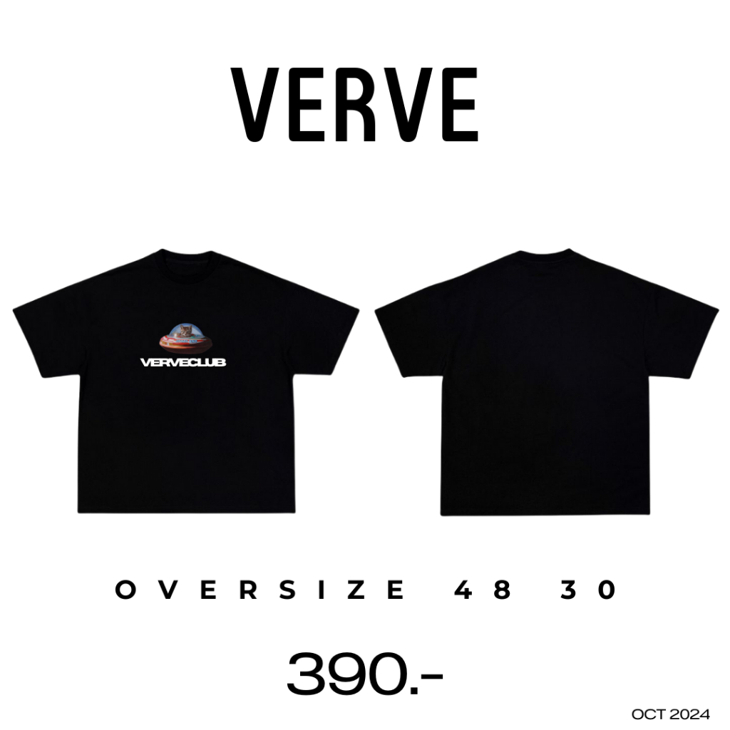 CASSIUS PREMIUM COTTON OVERSIZE เสื้อยืดสกรีนลาย พรีเมี่ยม VERVE CLUB แมวจานบิน ดำ