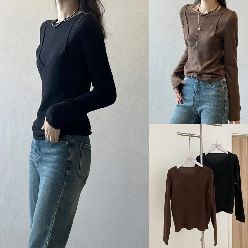 เสื้อแขนยาวเนื้อผ้านิตอย่างดี มีสายเดี่ยวทับเสื้อแขนยาว งานสไตล์เกาหลี ใส่ออกมาทรงสวย เสืัอสีดำ