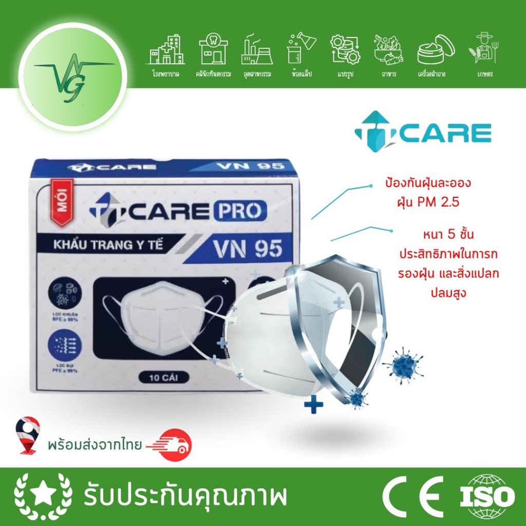 หน้ากากอนามัย VN95 MASK KN95 ป้องกันฝุ่นPM2.5และไวรัส สีขาว หนา กระชับ ป้องกันดีเยี่ยม แท้คุณภาพดี 1กล่อง10ชิ้น