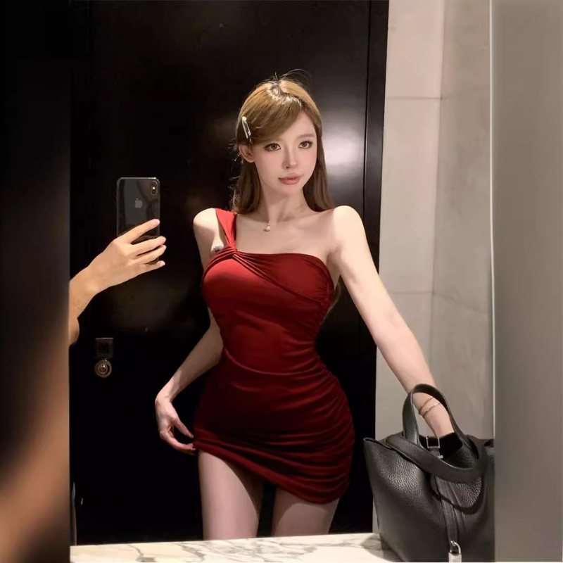 (2368)Dress ชุดเดรสกระโปรงสั้น เดรสสายเดี่ยว รัดรูป ดีเทลสายไขว้ข้าง เสื้อผ้า ผู้หญิง Women Clothing