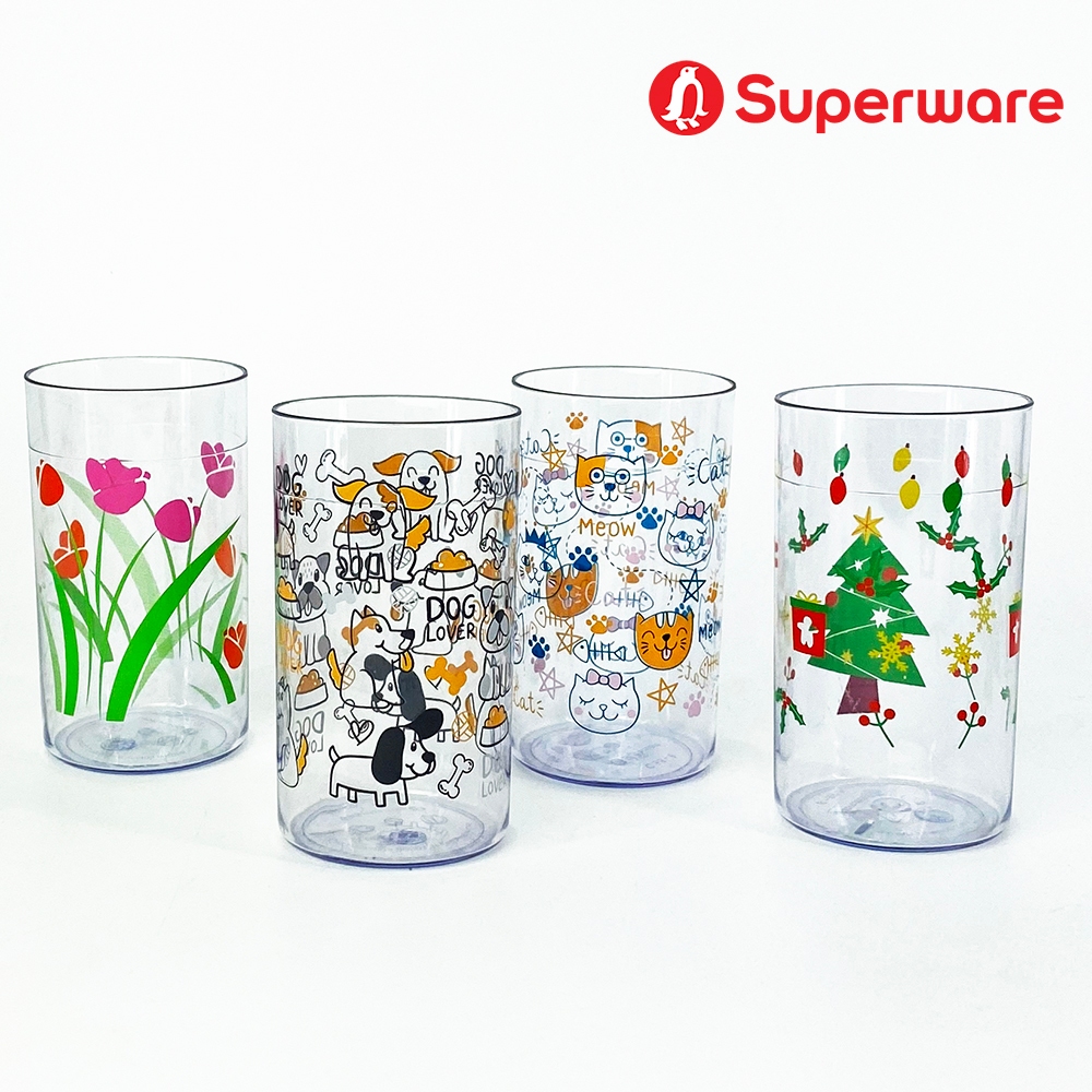 Srithai Superware แก้วน้ำพลาสติก ถ้วยน้ำ แก้วเบียร์ แก้วกาแฟ แก้วน้ำสีใส ลายแมว น้องหมา ดอกไม้ ปริมาตร 250 ml./ 10 oz.