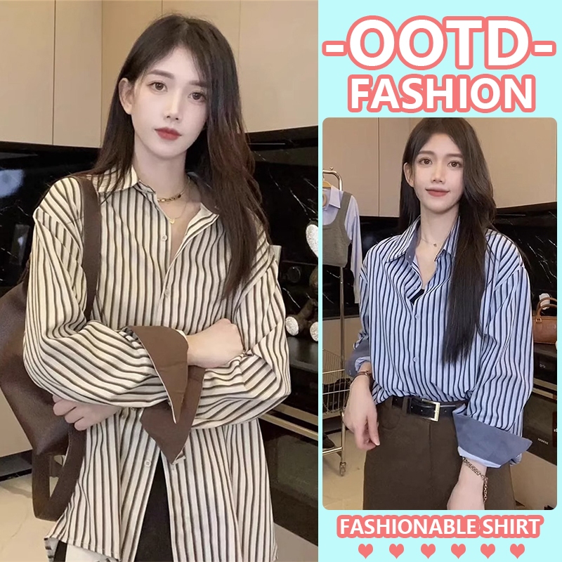 ohho เสื้อเชิ้ตแขนยาว oversize shirt ลายทางแนวตั้ง ทรงหลวม แฟชั่นฤดูใบไม้ร่วง สไตล์ใหม่ สําหรับผู้หญิง w295 Lady