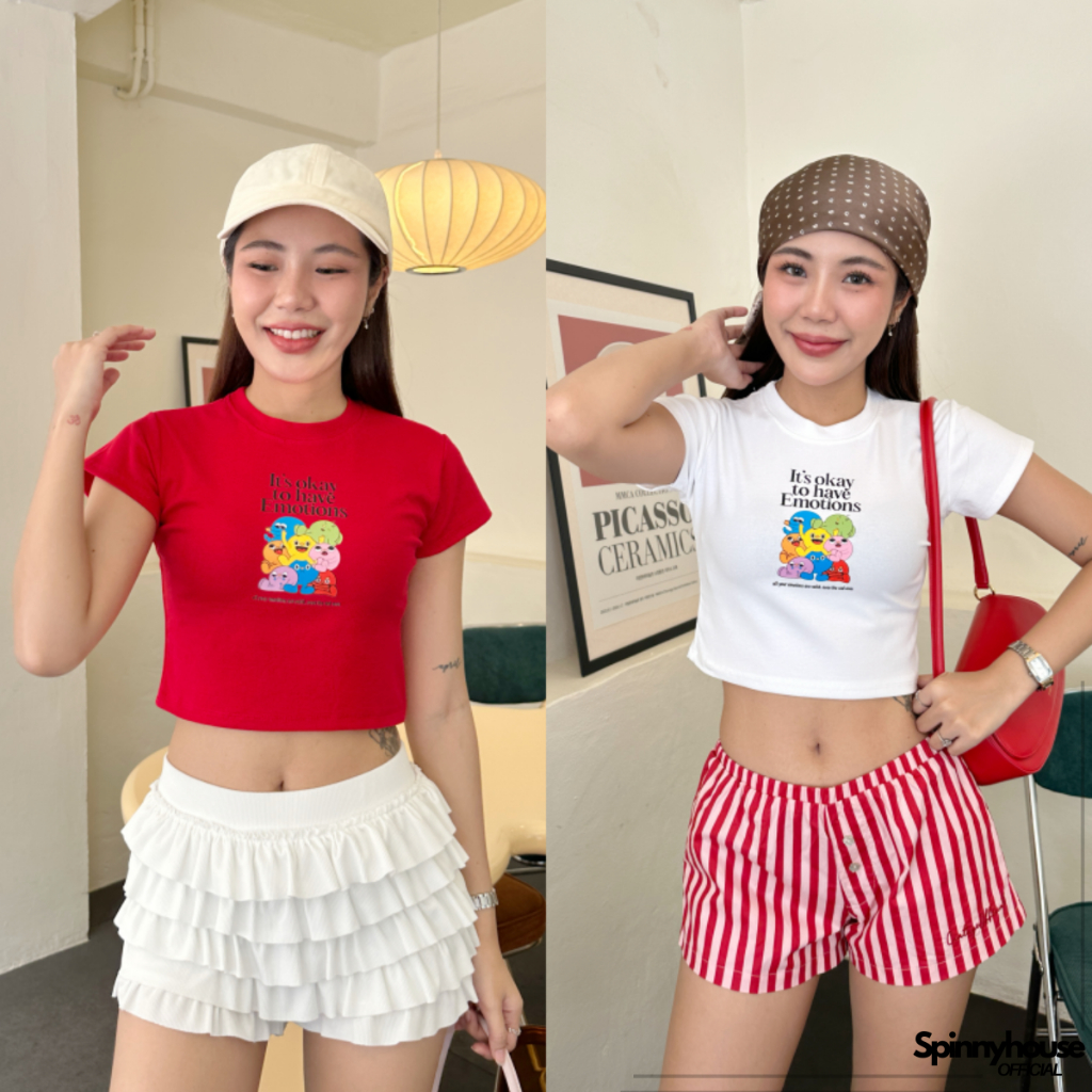 SpinnyHouse ครอปผ้ายืดยูนิ สกรีนลายน่ารัก พร้อมส่งทุกสี ผ้านิ่มใส่ง่าย แมตช์ง่ายสุด สาวอวบใส่ได้จ้า รุ่น ครอปการ์ตูน