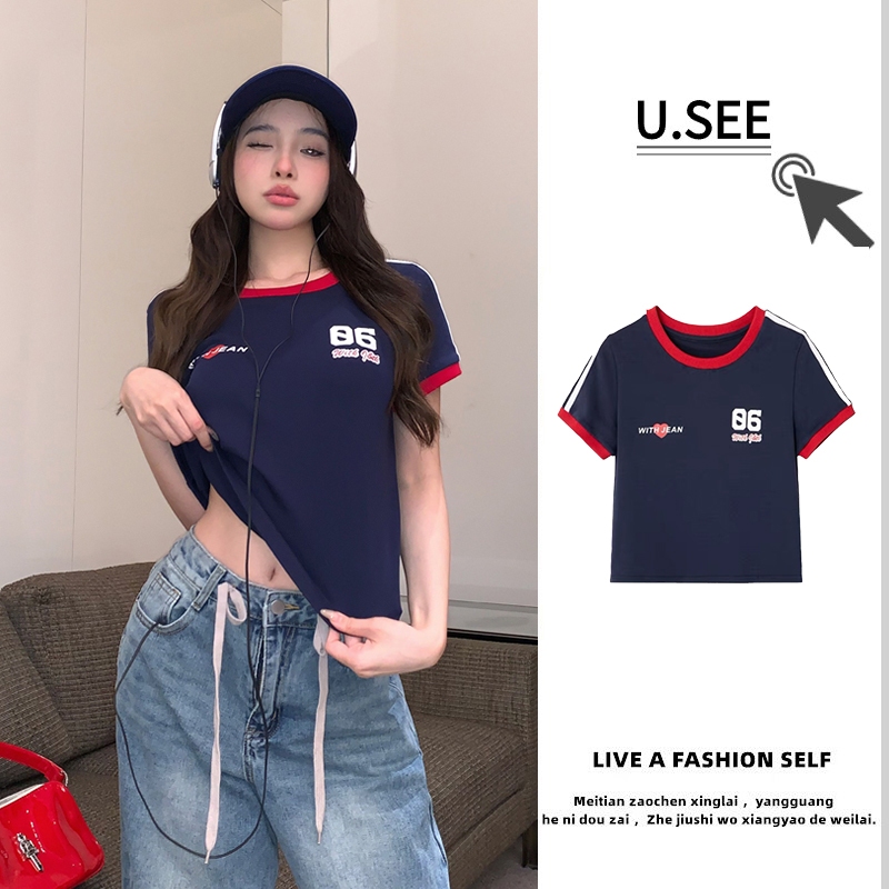 เสื้อยืด เสื้อครอป สไตล์ เรีโทร ออกเเบบสีทูโทน ดีไทล์ตัดสีขอบ#2162