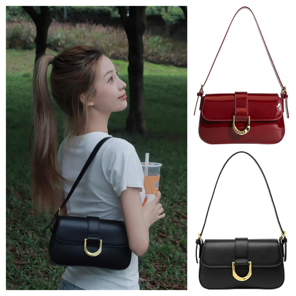 【🔥มาถึงภายใน 3 วัน】กระเป๋าสะพายผู้หญิงหัวเข็มขัดเกือกม้าความรู้สึกขั้นสูงไวน์แดงอินเทรนด์กระเป๋าใต้วงแขนหนังสิทธิบัตร