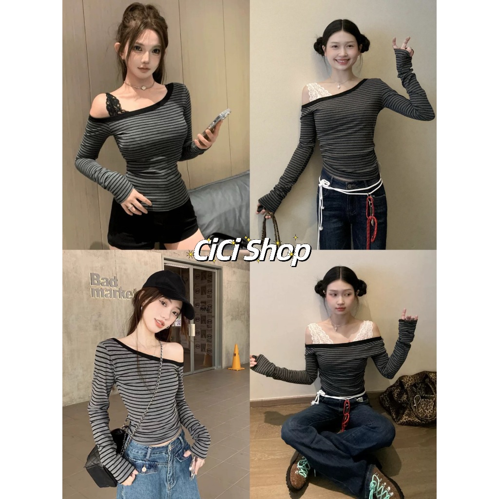SALE 8.8 Cicishop(J1508-1) SET 2 ชิ้น เสื้อกล้ามลูกไม้+แขนยาวไหมพรมลายทาง สไตล์เกาหลี