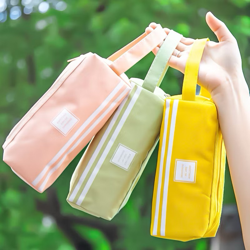 กระเป๋าใส่ดินสอ กระเป๋าใส่เครื่องเขียน ผ้าแคนวาส ใบใหญ่ สองชั้น สีพื้น