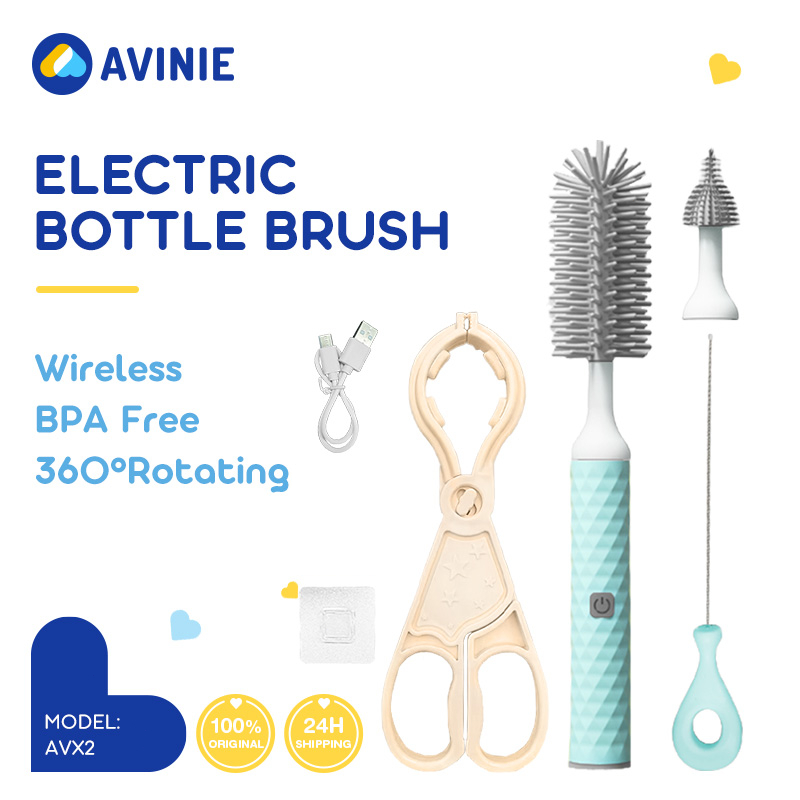 AVINIE แปรงขวด แปรงล้างขวดนมไฟฟ้า (หัวแปรงซิลิโคน) 3IN1 อัตโนมัติ แปรงล้างขวดนม USB ชุดแปรงล้างขวดนมซิลิโคนเด็ก AVX2