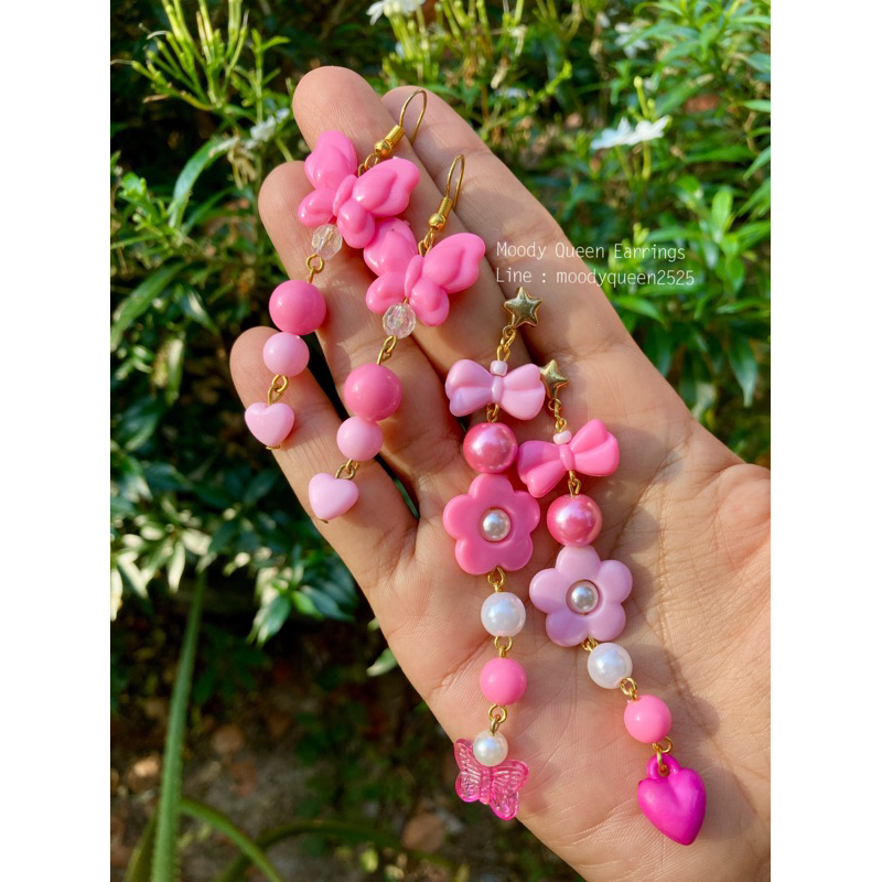 ต่างหูดอกไม้ หัวใจ ผีเสื้ิอ สวยหวานสีชมพู ต่างหูแฮนเมด พร้อมส่ง