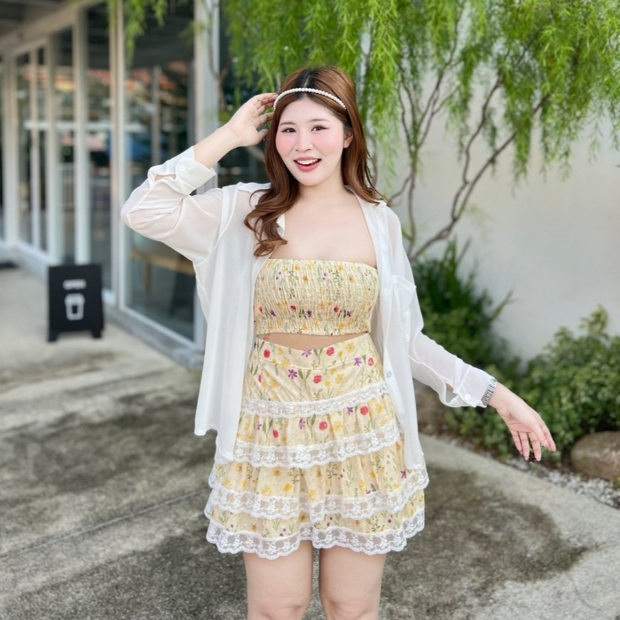 ชุดเซท ชุดเซทสาวอวบ 3ชิ้น เสื้อคลุมซีฟอง+เกาะอก+กระโปรงระบายชั้น ลุคน่ารักหวาน ไปคาเฟ่ ใส่เที่ยว ออกงาน อกได้ถึง44