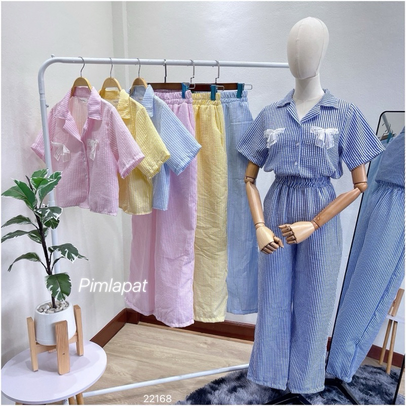 🎀FF22168🎀ชุดเซทเสื้อคอกางเกงขายาวแต่งอะไหล่โบว์ที่หน้าอก