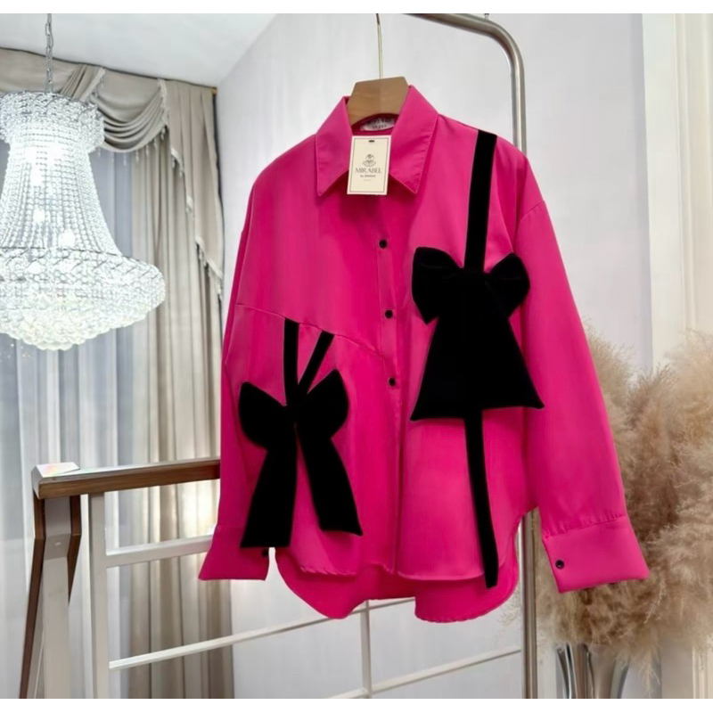 (อก 50“) เสื้อเชิ้ตแขนยาว (สีพื้น) โบว์คู่หน้า (ผ้า Crepe รูปที่ 8