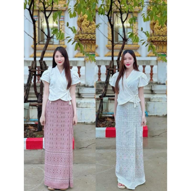 TANTANOD -รหัสTL9 ชุดเซต เสื้อไขว้ แขนตุ๊กตา ผูกข้าง กระโปรงผ้าถุง(ลายผ้าไทย)