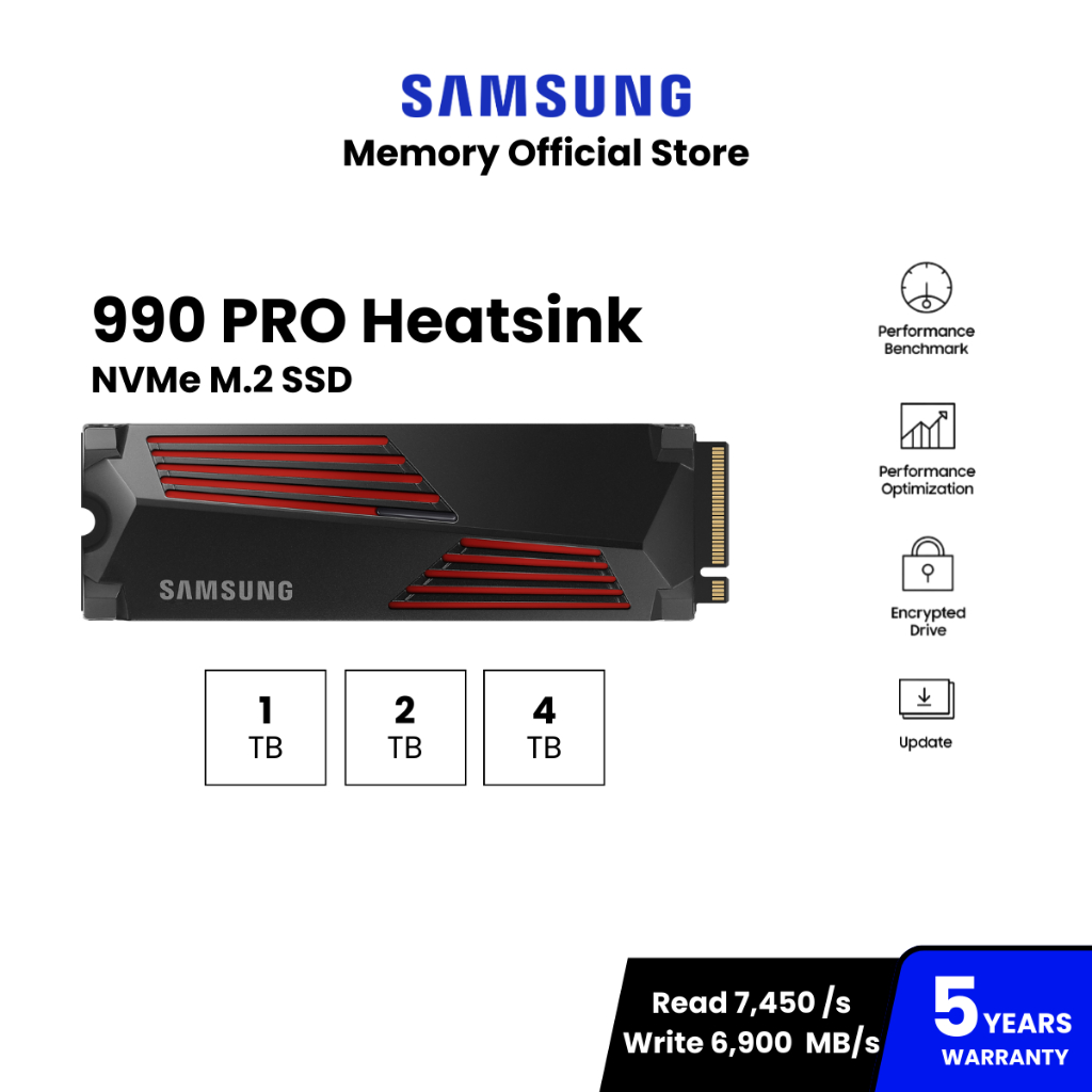 SAMSUNG 990 PRO Heatsink SSD M.2  7,450 / 6,900 MB/s ความจุ 1TB/ 2TB/ 4TB : 5Y (990 PRO Heatsink / M