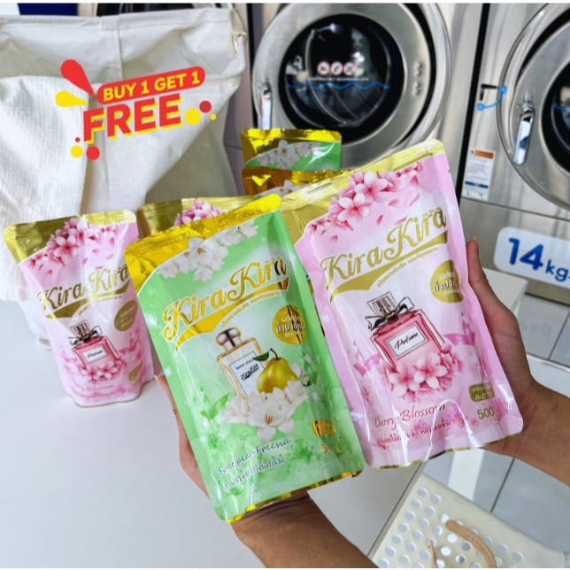 (1แถม1) Kira Kira ผลิตภัณฑ์น้ำยาซักผ้า สูตรเข้มข้น 500 มล. ได้ทั้ง 2 กลิ่น ลดกลิ่นอัพ หอมสดชื่น